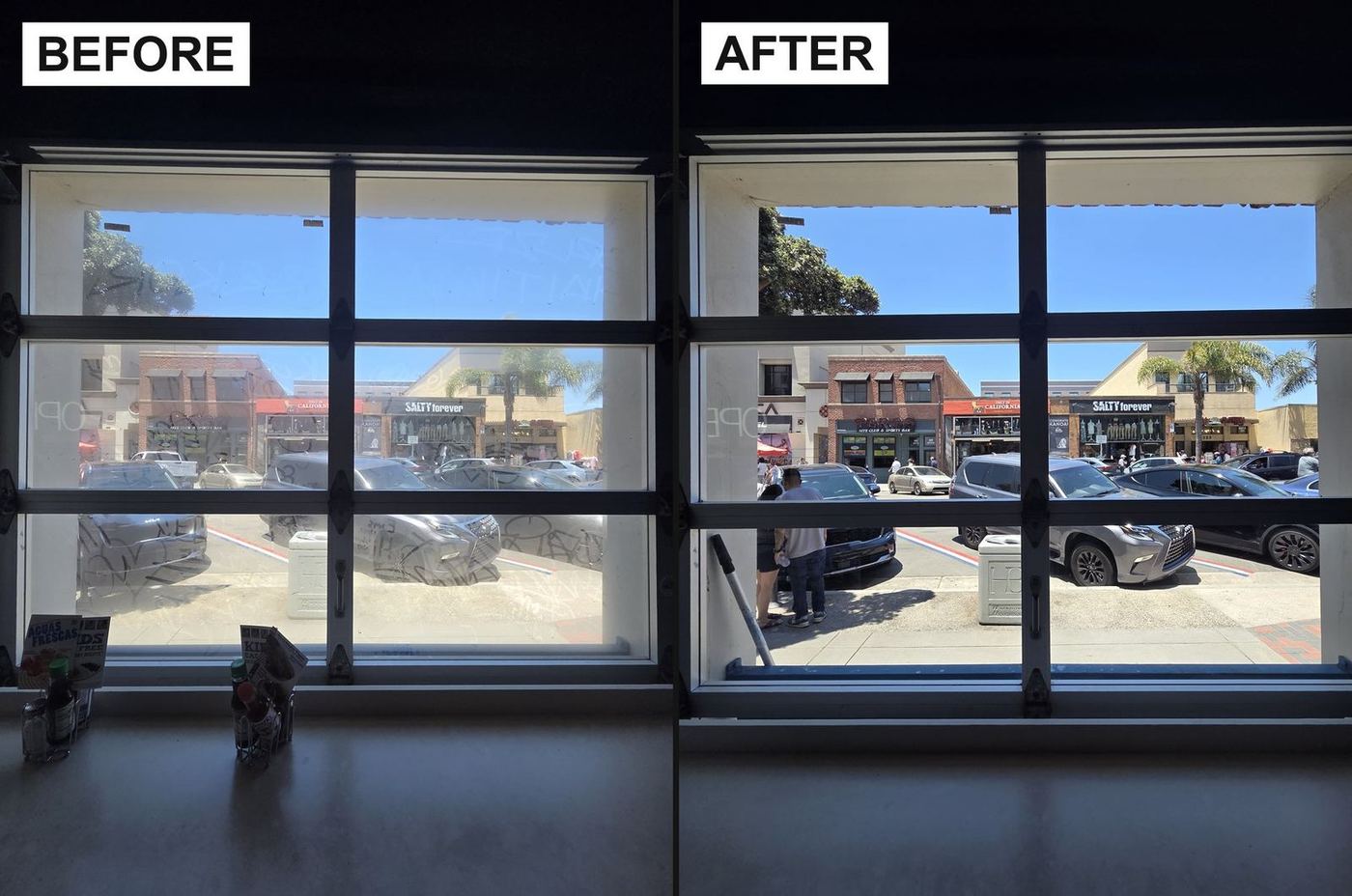 Graffiti removed from storefront glass, before and after