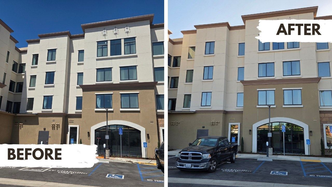 Commercial building exterior, before and after pressure washing