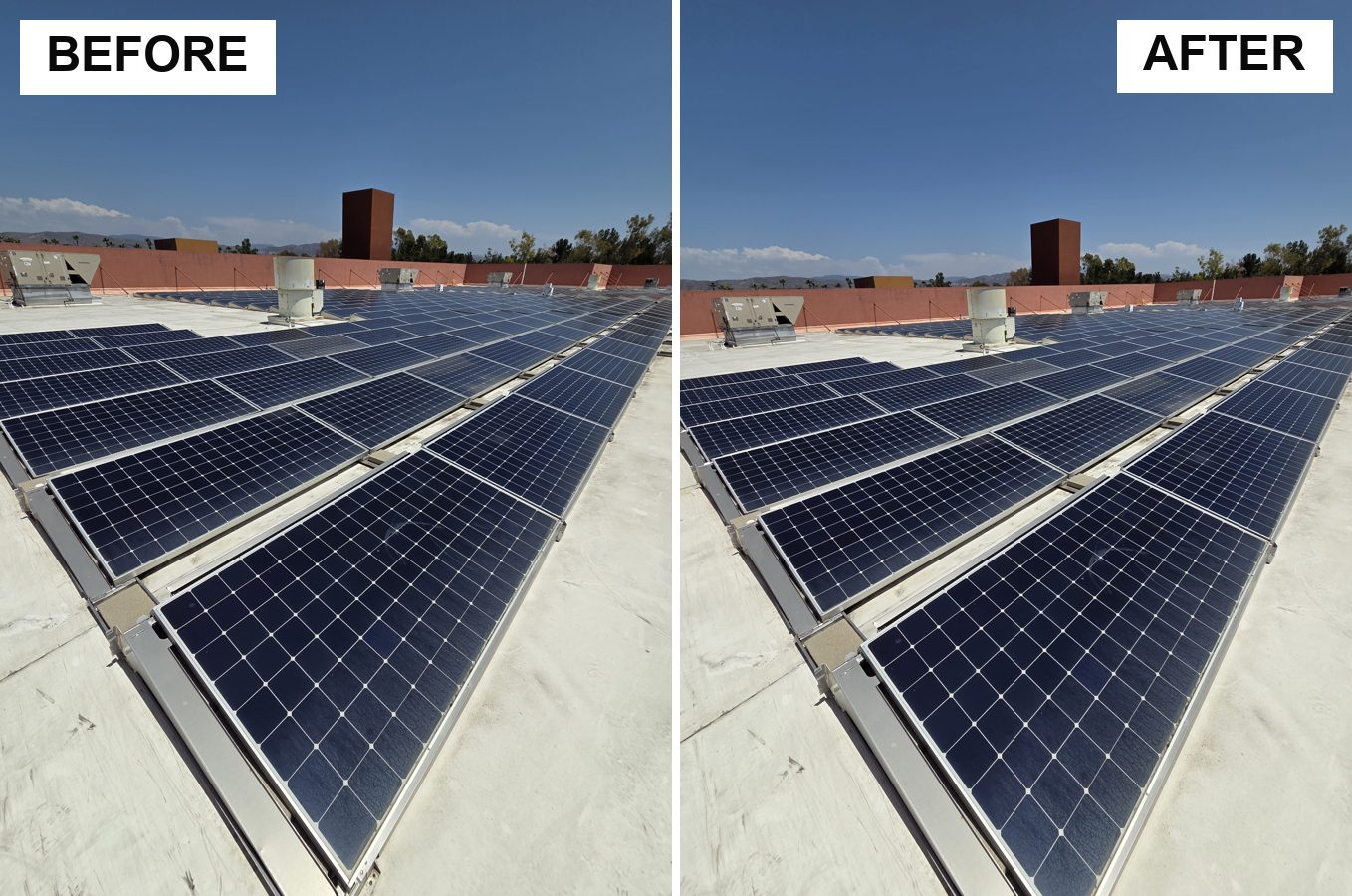 Commercial rooftop solar array cleaning, before and after