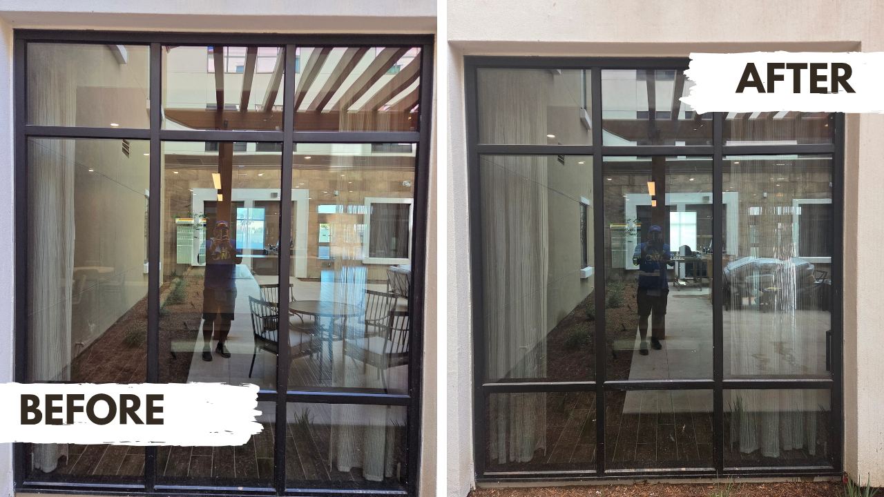 Office lobby glass doors, before and after